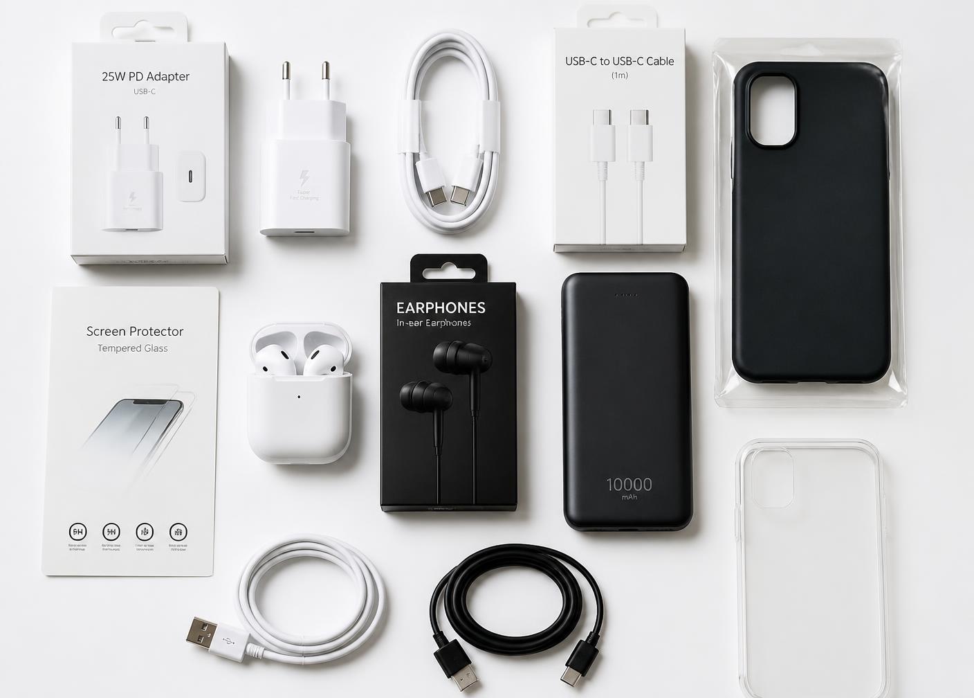 Accessoires de téléphonie disposés sur un fond blanc
